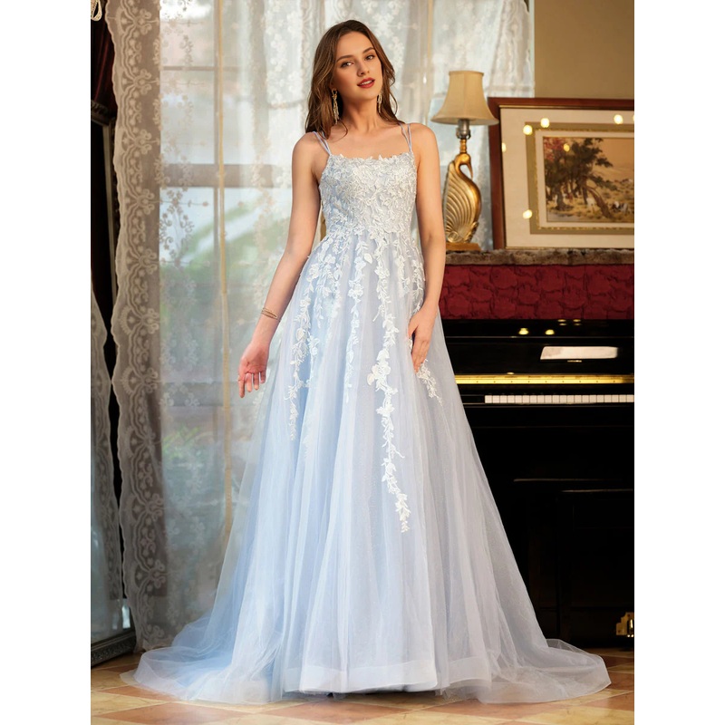 A-line princess chiffon thin shoulder strap embroidered long ball dress