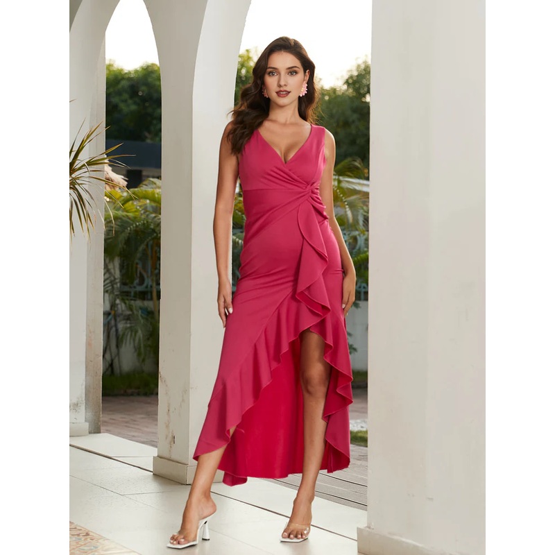 Women's slit tight column V-neck high-low dress