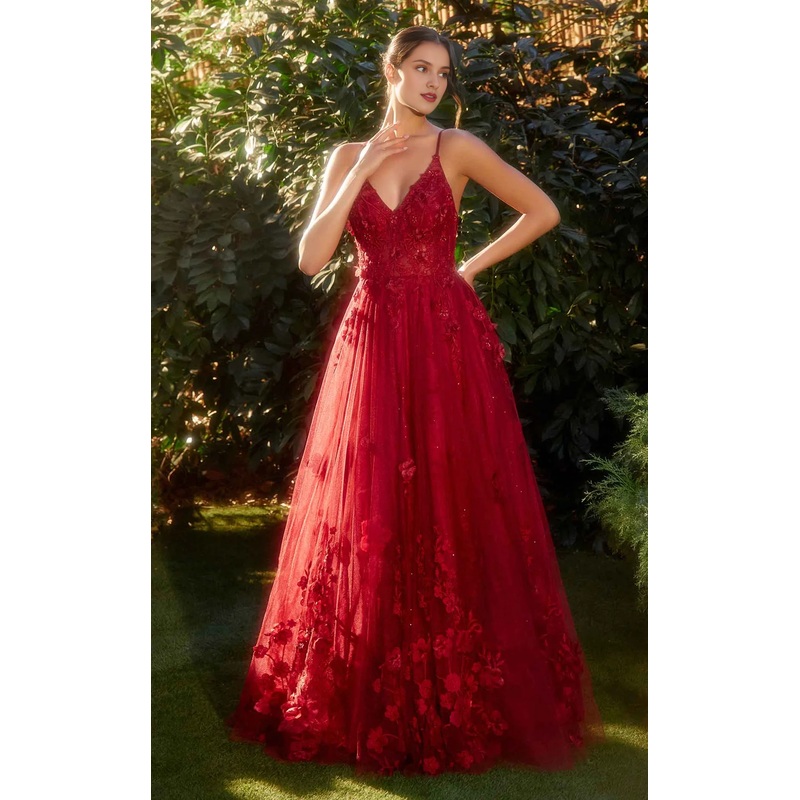 A-line 3D floral decal chiffon thin shoulder strap Prom dress