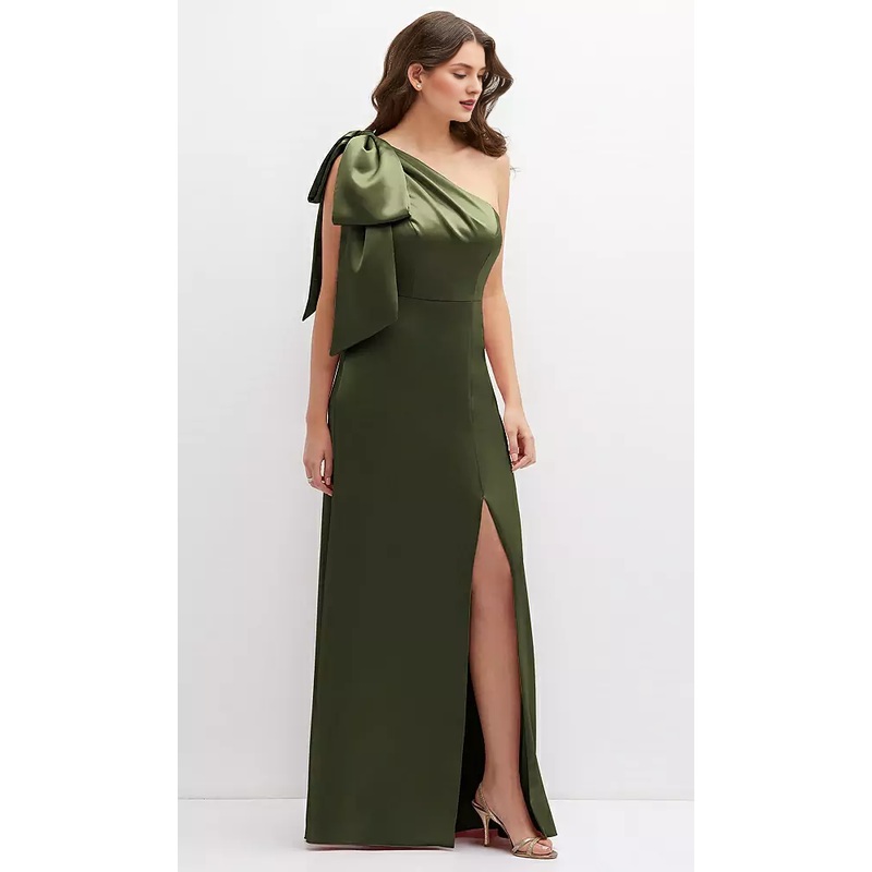 Unique oversized shoulder bow one shoulder satin long Prom dress