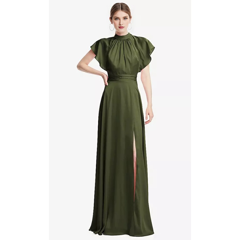 Wrinkled stand collar with ruffled sleeves backless long Prom dress