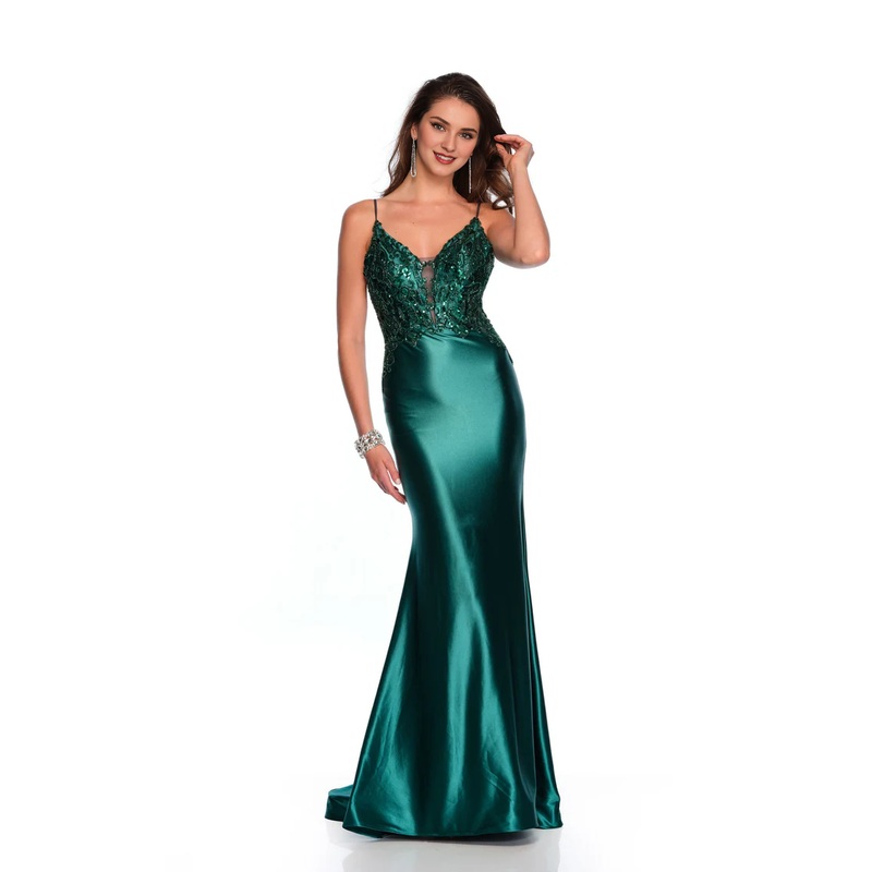 V-neck slim shoulder strap sequined backless beaded body Prom dress