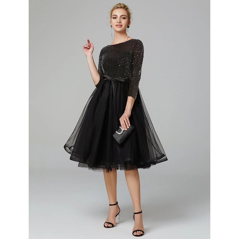 A-Line Cocktail Dresses Sparkle & Shine Dress Formal Tea Length 3/4 Length Sleeve Jewel Neck Fall Wedding Guest Tulle with Sequin Strappy