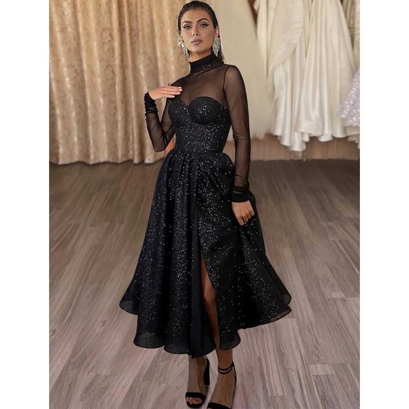 A-Line Cocktail Dresses Elegant Dress Party Wear Tea Length Long Sleeve High Neck Wednesday Addams Family Tulle with Glitter Slit