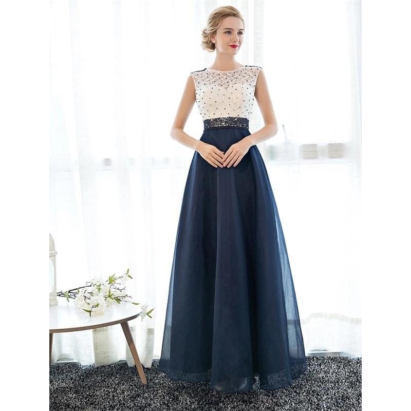 A-Line Beautiful Back Elegant Beaded & Sequin Prom Formal Evening Dress Illusion Neck Sleeveless Floor Length Tulle Over Lace with Beading