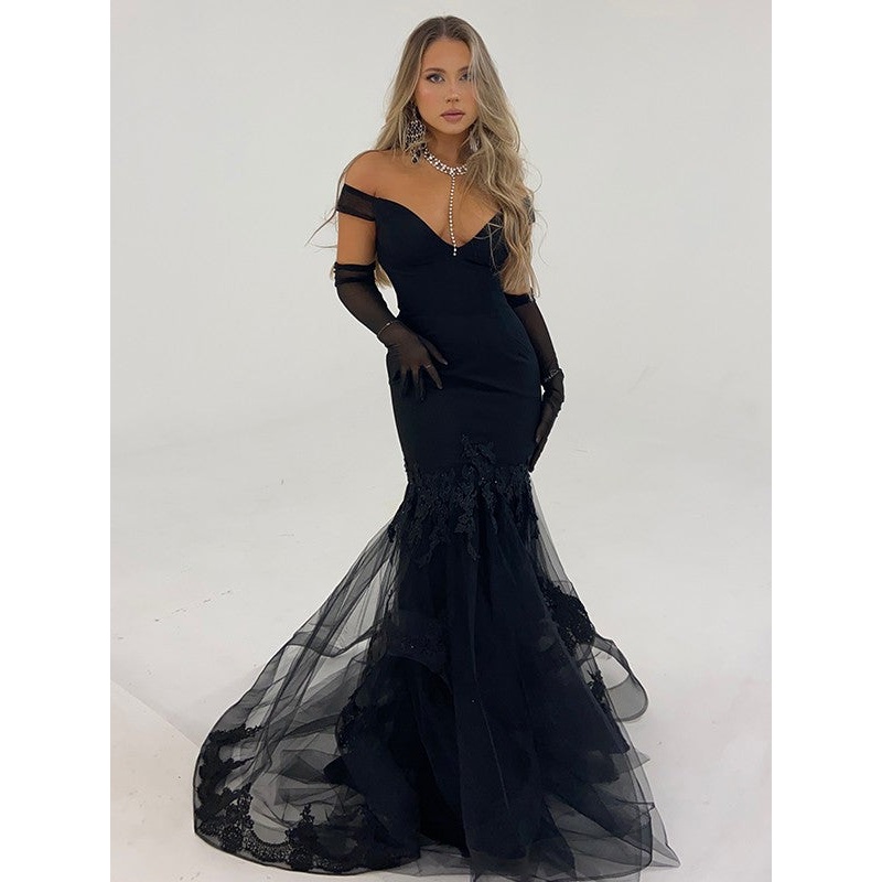 Trumpet/Mermaid Tulle Ruffles Off-the-Shoulder Sleeveless Sweep/Brush Train Dresses