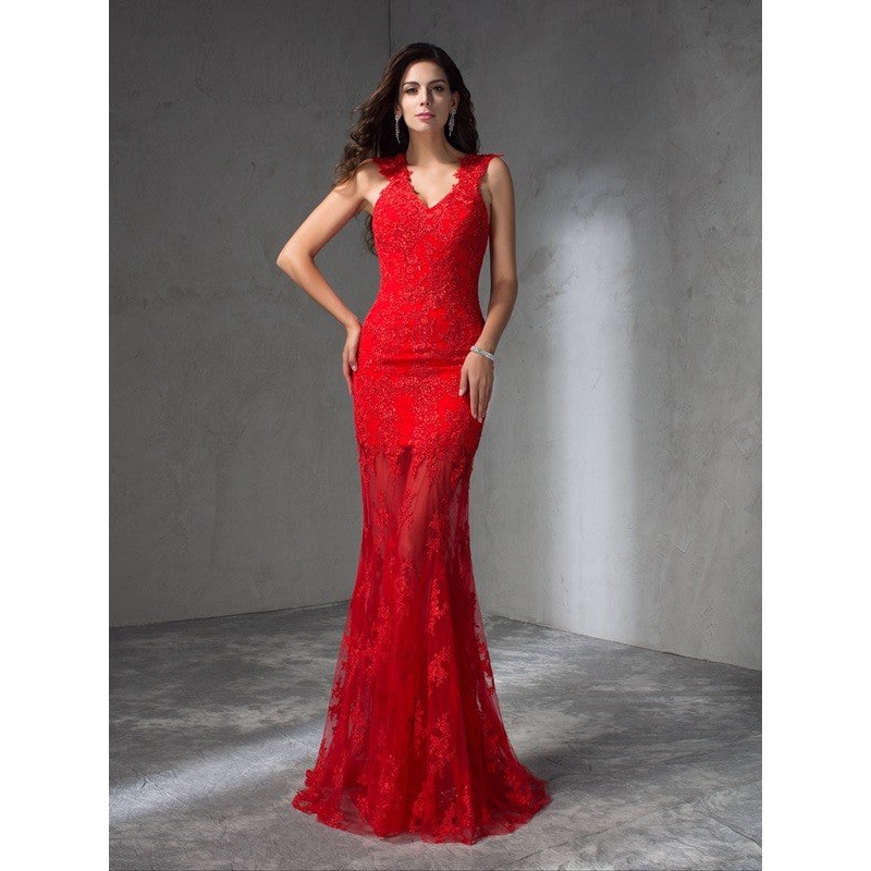 Trumpet/Mermaid V-neck Applique Sleeveless Long Satin Dresses