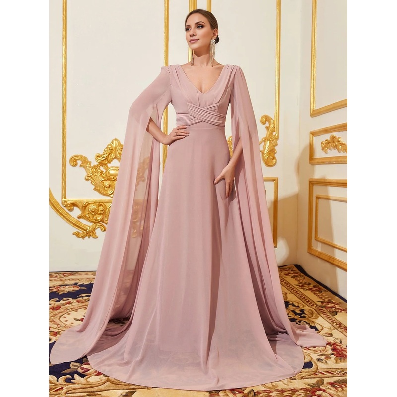 V-neck pleated exaggerated sleeves chiffon and floor length formal dress