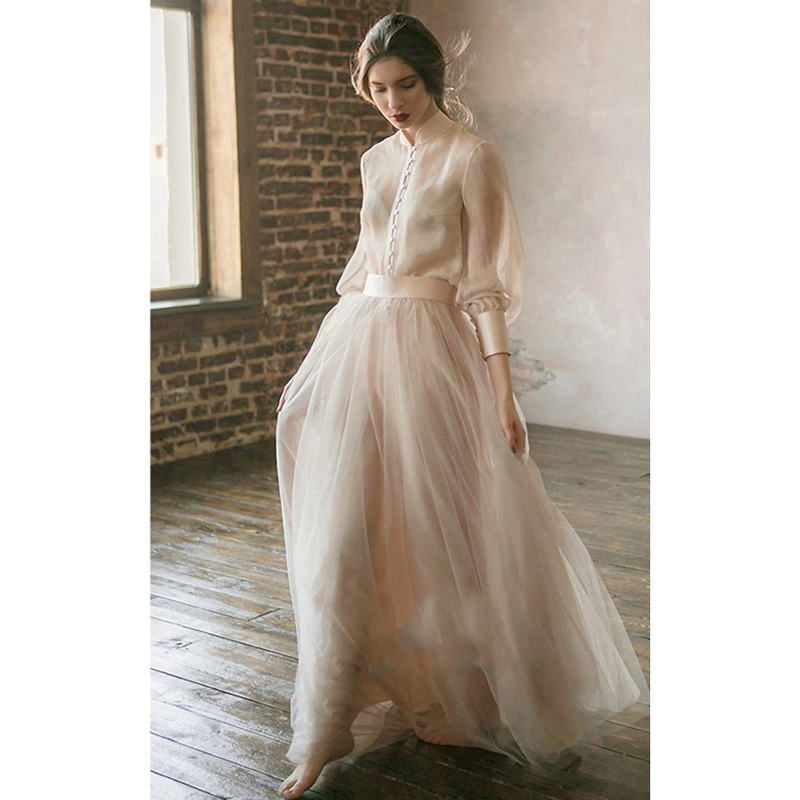 Two Piece Party Dress Minimalist Wedding Guest Formal Evening Birthday Dress Stand Collar Long Sleeve Floor Length Chiffon with Tier 2025