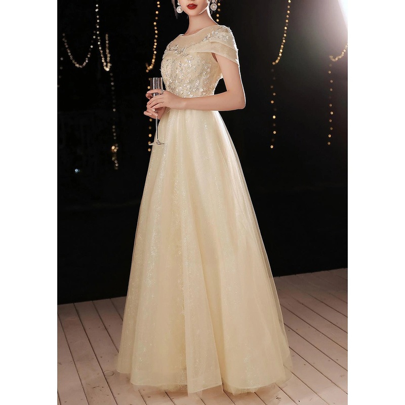 A-Line Beautiful Back Elegant Prom Formal Evening Dress Jewel Neck Short Sleeve Floor Length Lace with Beading Appliques 2025