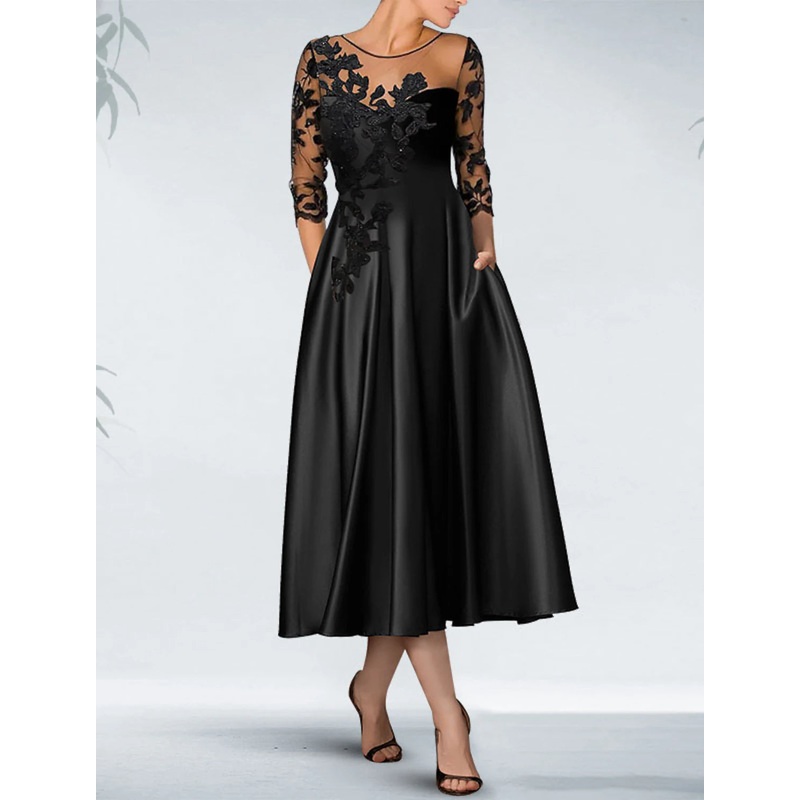 A-Line Cocktail Black Dress Plus Size Appliques Elegant Dress Fall Wedding Guest Dress For Mother Knee Length 3/4 Length Sleeve Off Shoulder Pocket Satin with Beading Pocket 2025
