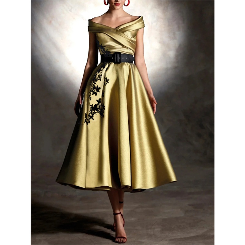 A-Line Cocktail Champagne Gold Dresses Vintage Dress Formal Wedding Guest Tea Length Sleeveless Off Shoulder Satin with Pleats Appliques 2025