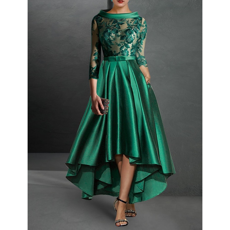 A-Line Cocktail Dress Christmas Red Green Dresses Elegant Dress Christmas Red Green Dress Formal Asymmetrical 3/4 Length Sleeve Jewel Neck Fall Wedding Guest Satin with Pleats Appliques 2025