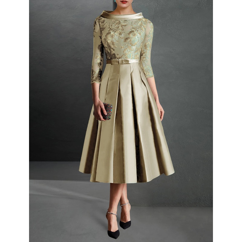 A-Line Cocktail Dress Christmas Red Green Dresses Formal Kentucky Derby Tea Length 3/4 Length Sleeve Jewel Neck Fall Wedding Guest Satin with Pleats Appliques 2025