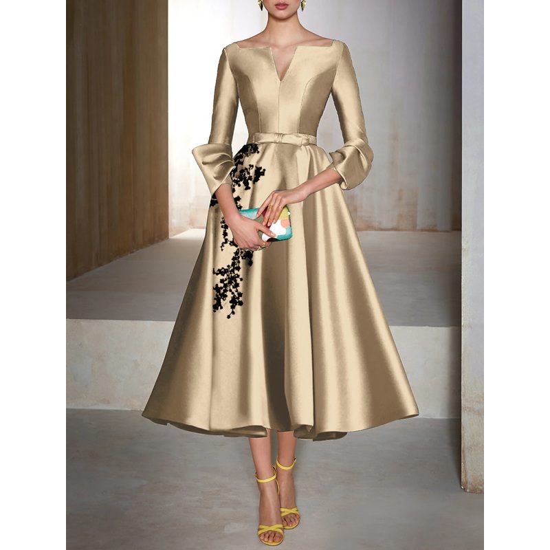 A-Line Cocktail Dresses Christmas Red Green Dress Wedding Guest Tea Length 3/4 Length Sleeve V Neck Satin with Bow(s) Appliques 2025