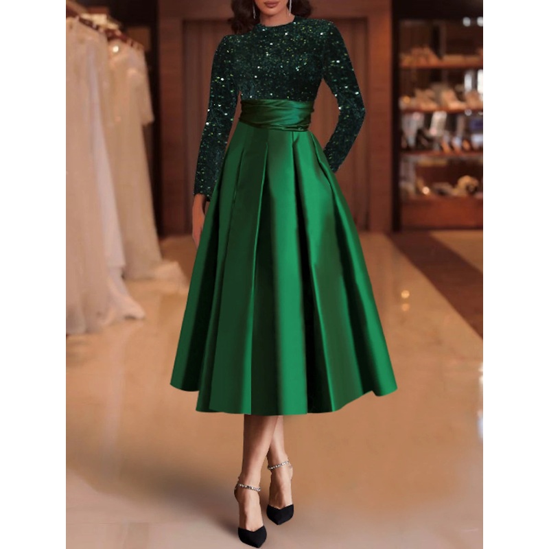 A-Line Cocktail Dresses Elegant Dress Christmas Red Green Dress Wedding Guest Tea Length Long Sleeve Jewel Neck Satin with Pleats Sequin 2025
