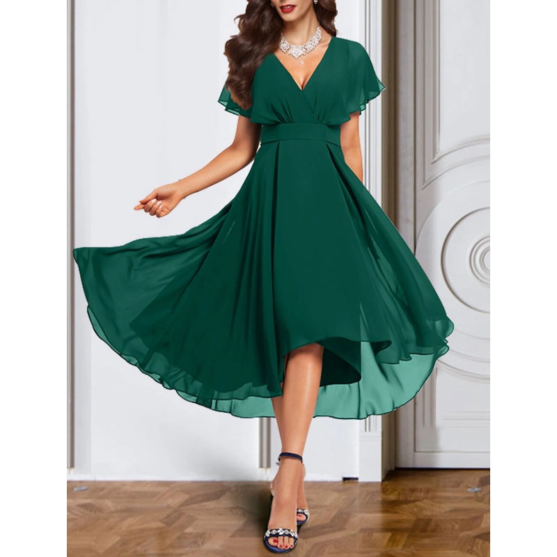 A-Line Cocktail Dresses Empire Dress Party Wear Wedding Guest Ankle Length Short Sleeve V Neck Fall Wedding Guest Chiffon with Pure Color Strappy 2025