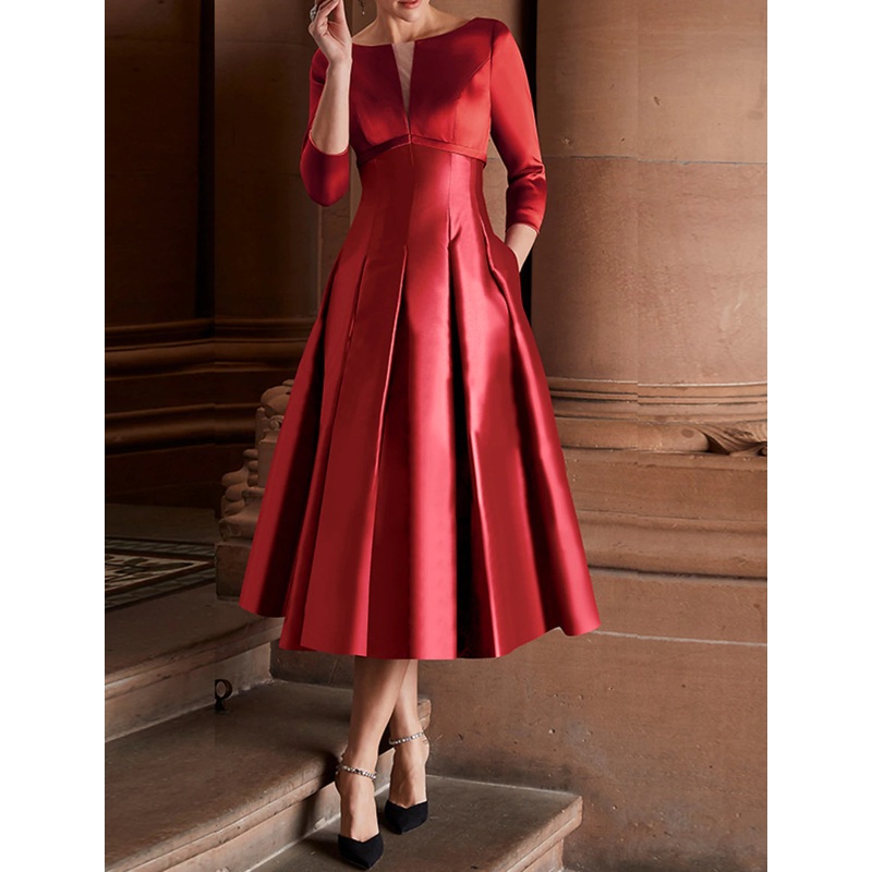 A-Line Cocktail Dresses Minimalist Dress Christmas Red Green Dress Wedding Guest Tea Length 3/4 Length Sleeve Jewel Neck Fall Wedding Guest Satin with Pleats 2025