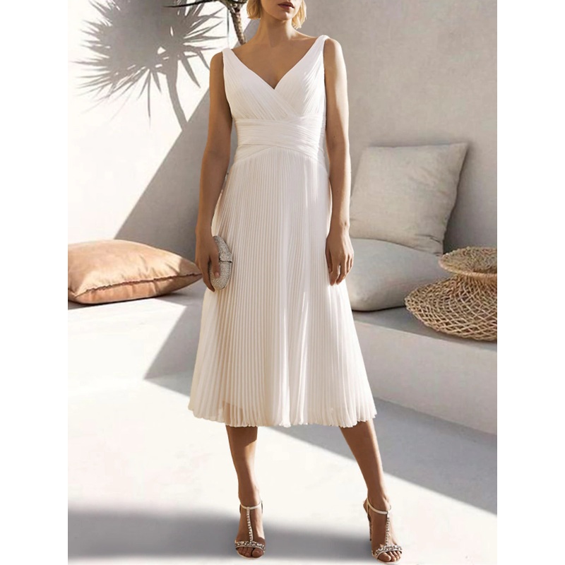 A-Line Cocktail Dresses Open Back Dress Formal Wedding Guest Tea Length Sleeveless V Neck Chiffon with Ruched Pure Color 2025