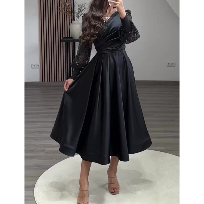 A-Line Cocktail Dresses Sparkle Black Dress Wedding Party Wear Tea Length Long Sleeve V Neck Charmeuse with Ruched Pearls Sequin 2025