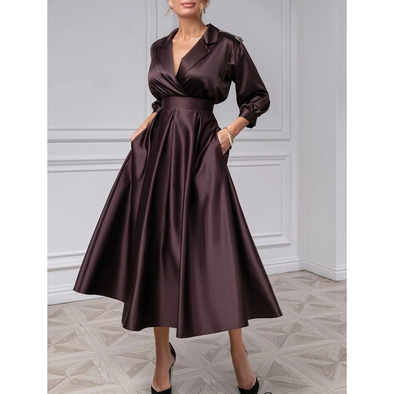 A-Line Cocktail Dresses Vintage Black Dress Plus Size Wedding Guest Evening Party Tea Length 3/4 Length Sleeve Shirt Collar Satin with Pleats 2025