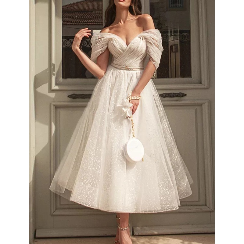A-Line Cocktail Black Dress Vintage Dress Graduation Wedding Guest Tea Length Short Sleeve Off Shoulder Sequined with Sash / Ribbon Ruched Sequin 2025