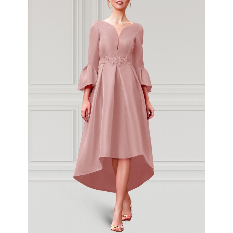 A-Line Cocktail Dresses Elegant Dress Formal Wedding Guest Asymmetrical 3/4 Length Sleeve V Neck Satin with Pleats 2025