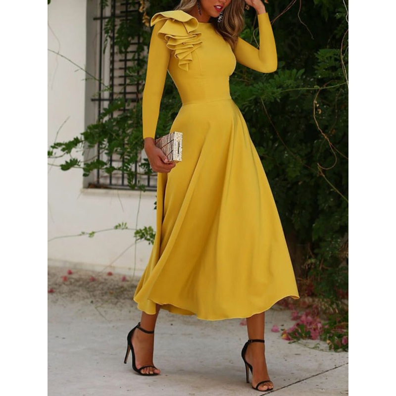 A-Line Cocktail Dresses Open Back Dress Party Wear Wedding Guest Tea Length Long Sleeve One Shoulder  Fabric with Ruffles 2025