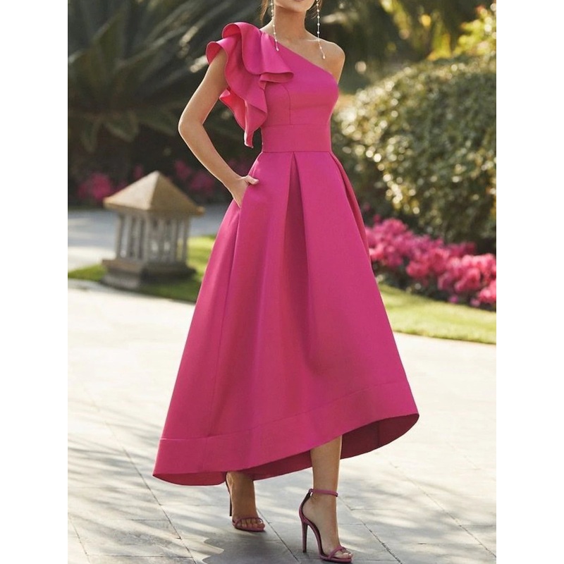 A-Line Cocktail Dresses Elegant Dress Prom Birthday Asymmetrical Sleeveless One Shoulder Fall Wedding Guest  Fabric with Ruffles Pure Color