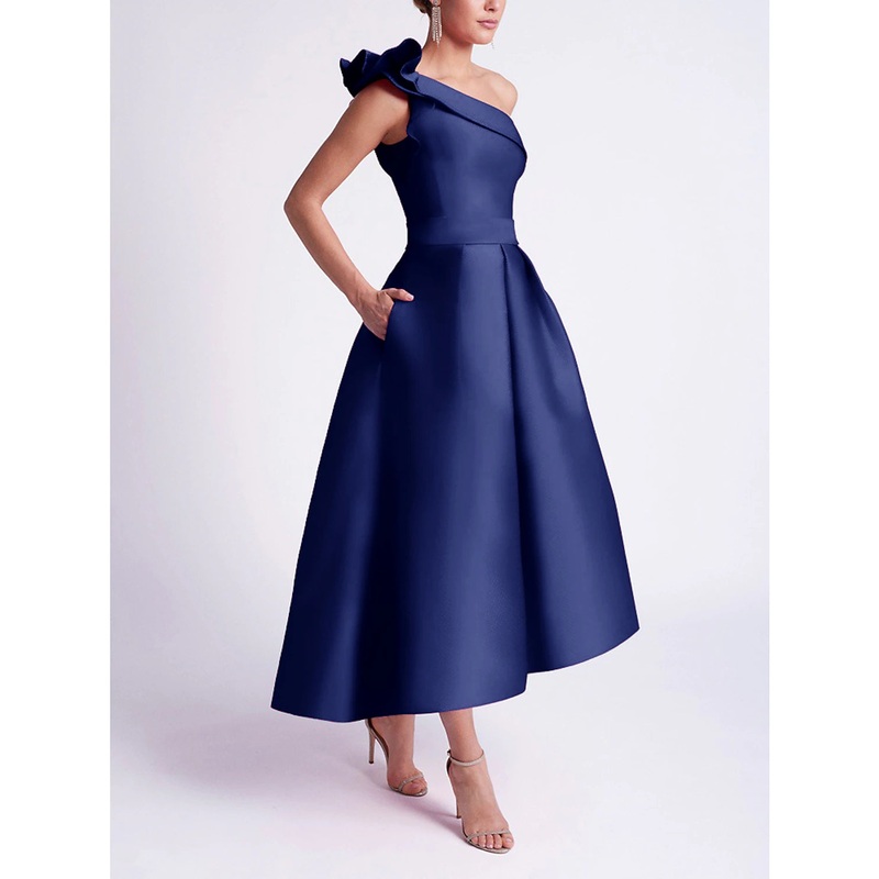 A-Line Cocktail Dresses Elegant Dress Summer Asymmetrical Sleeveless One Shoulder Fall Wedding Guest Satin with Pocket
