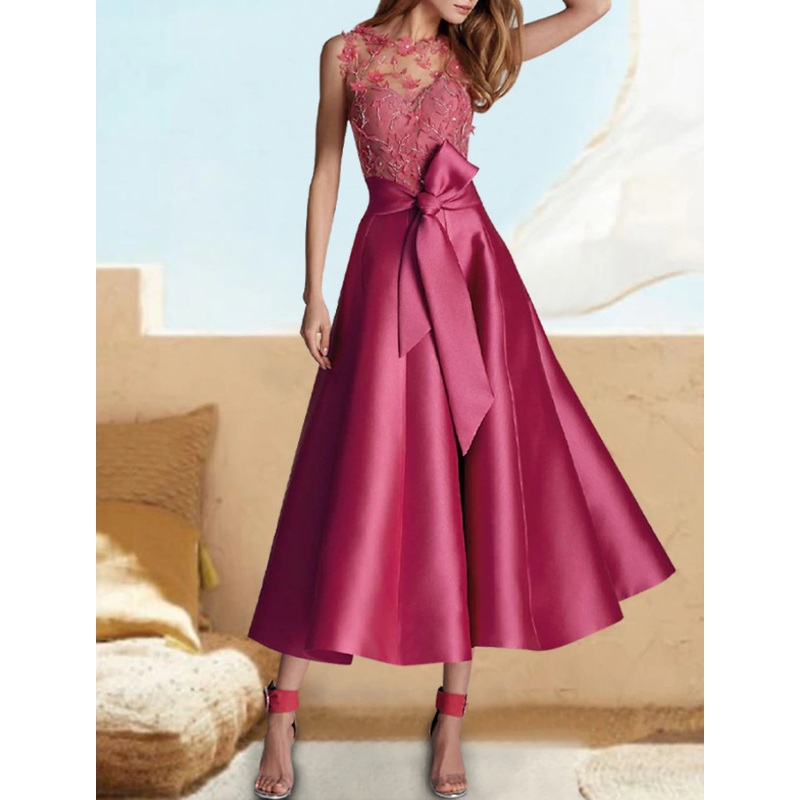 A-Line Cocktail Dresses Floral Dress Formal Wedding Guest Tea Length Sleeveless Jewel Neck Fall Wedding Guest Satin with Sash / Ribbon Appliques 2025
