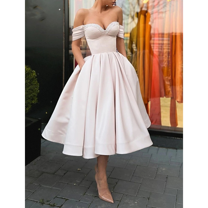 A-Line Cocktail Dresses Open Back Dress Wedding Guest Prom Tea Length Short Sleeve Off Shoulder Pocket Satin with Pleats Pure Color 2025