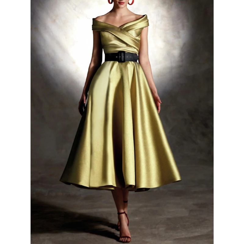 A-Line Cocktail Dresses Party Dress Formal Fall Tea Length Sleeveless Off Shoulder Satin with Pleats Ruched