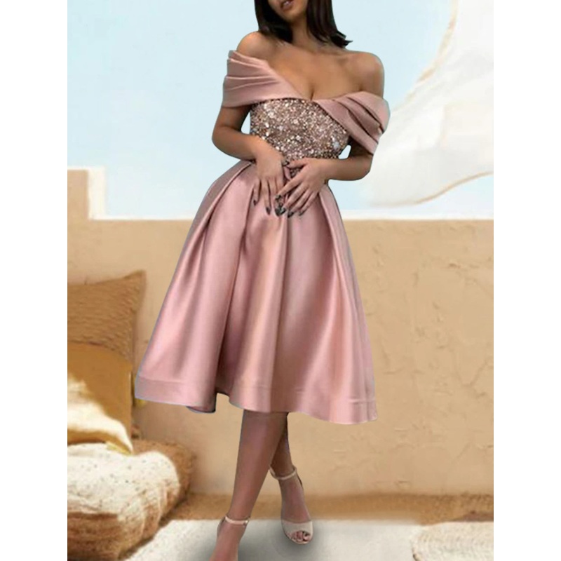 A-Line Cocktail Dresses Sparkle & Shine Dress Party Wear Wedding Party Knee Length Short Sleeve Off Shoulder Satin with Sequin Pure Color