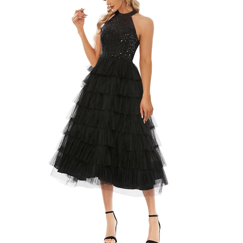 A-Line Cocktail Dresses Sparkle & Shine Dress Wedding Guest Semi Formal Tea Length Sleeveless High Neck Tulle with Sequin 2025