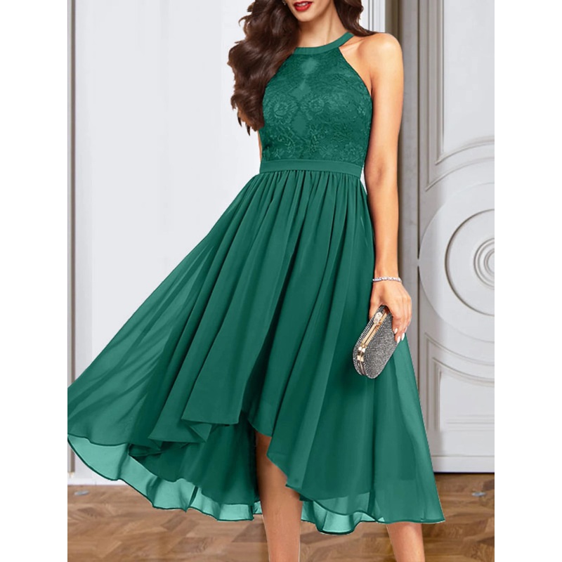 A-Line Cocktail Dresses Cut Out Dress Wedding Guest Prom Tea Length Sleeveless Halter Neck Chiffon with Appliques Pure Color