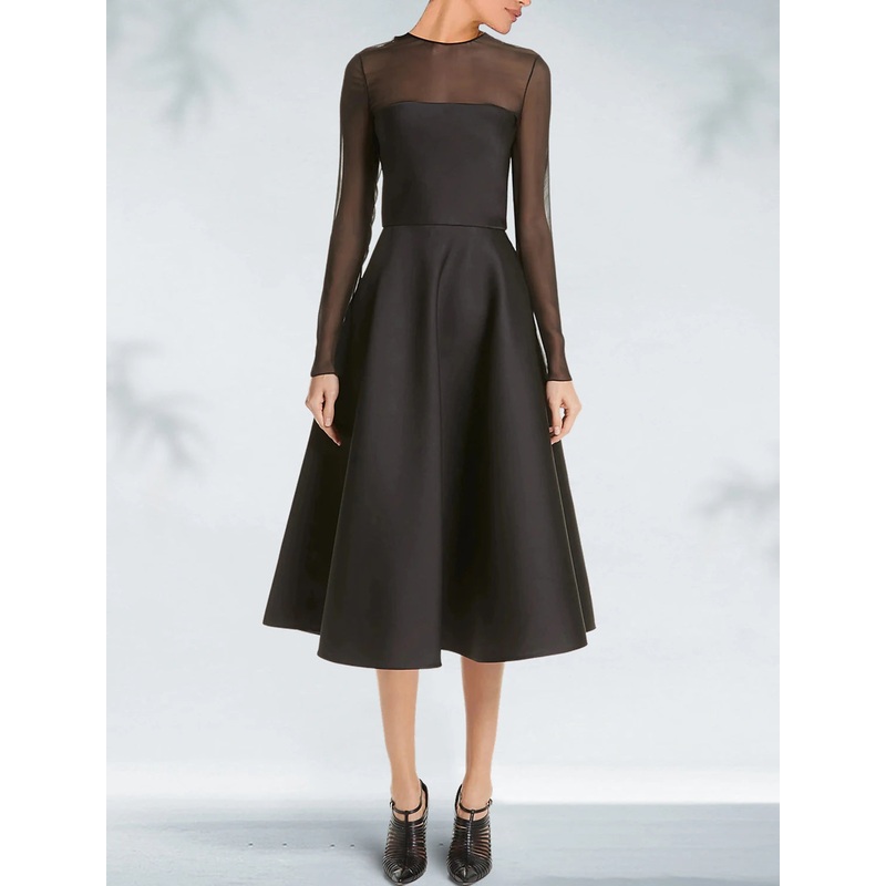 A-Line Cocktail Dresses Elegant Black Dress Plus Size Wedding Guest Party Wear Tea Length Long Sleeve Jewel Neck Gothic Satin with Pleats