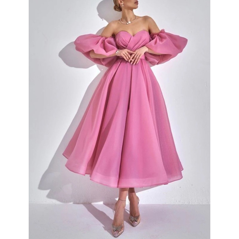 A-Line Cocktail Dresses Elegant Dress Summer Ankle Length Short Sleeve Off Shoulder Fall Wedding Guest Organza with Ruched