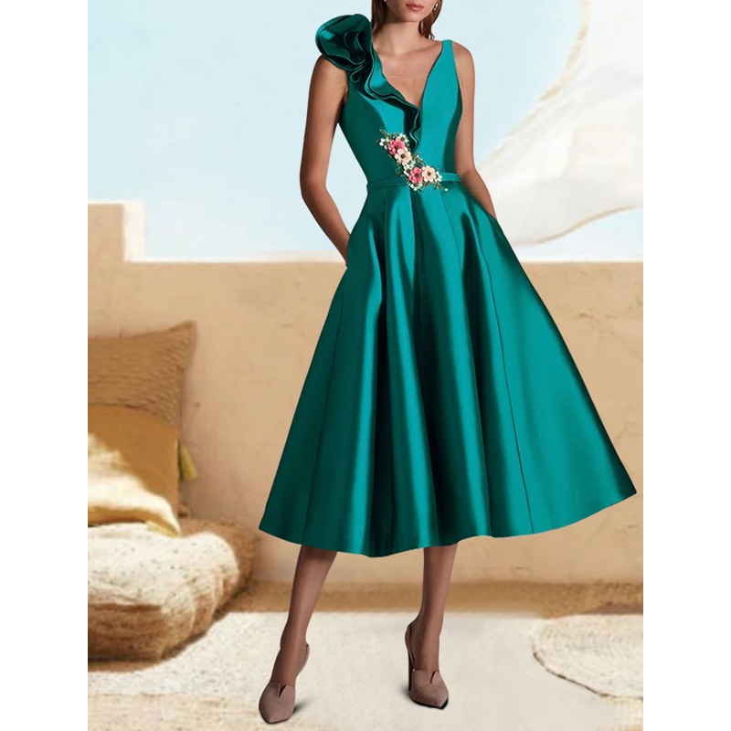 A-Line Cocktail Dresses Emerald Green Dress Wedding Guest Prom Tea Length Sleeveless V Neck Satin with Ruffles Appliques