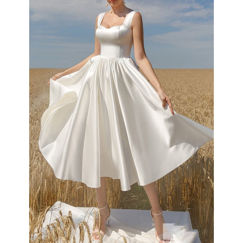 A-Line Cocktail Dresses Minimalist Dress Graduation Wedding Guest Tea Length Short Sleeve Scoop Neck Italy Satin with Sleek