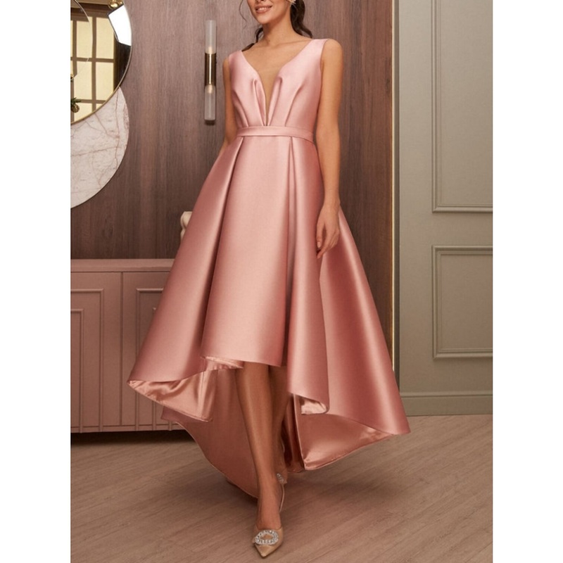 A-Line Cocktail Dresses Party Dress Wedding Wedding Guest Asymmetrical Sleeveless V Neck Satin with Bow(s) Pleats