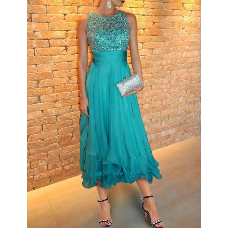 A-Line Cocktail Dresses Tiered Plisse Dress Wedding Guest Kentucky Derby Ankle Length Sleeveless Jewel Neck Fall Wedding Guest Chiffon with Sequin Appliques