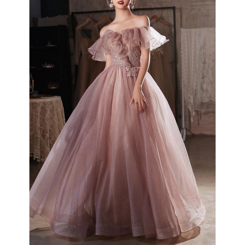 A-Line Beautiful Back Elegant Prom Formal Evening Birthday Dress Off Shoulder Short Sleeve Floor Length Lace with Appliques