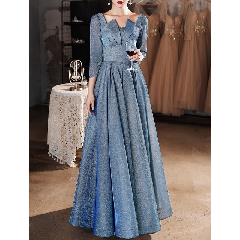 A-Line Beautiful Back Elegant Prom Formal Evening Dress Sweetheart Neckline V Back 3/4 Length Sleeve Floor Length Satin with Sleek Pure Color Splicing