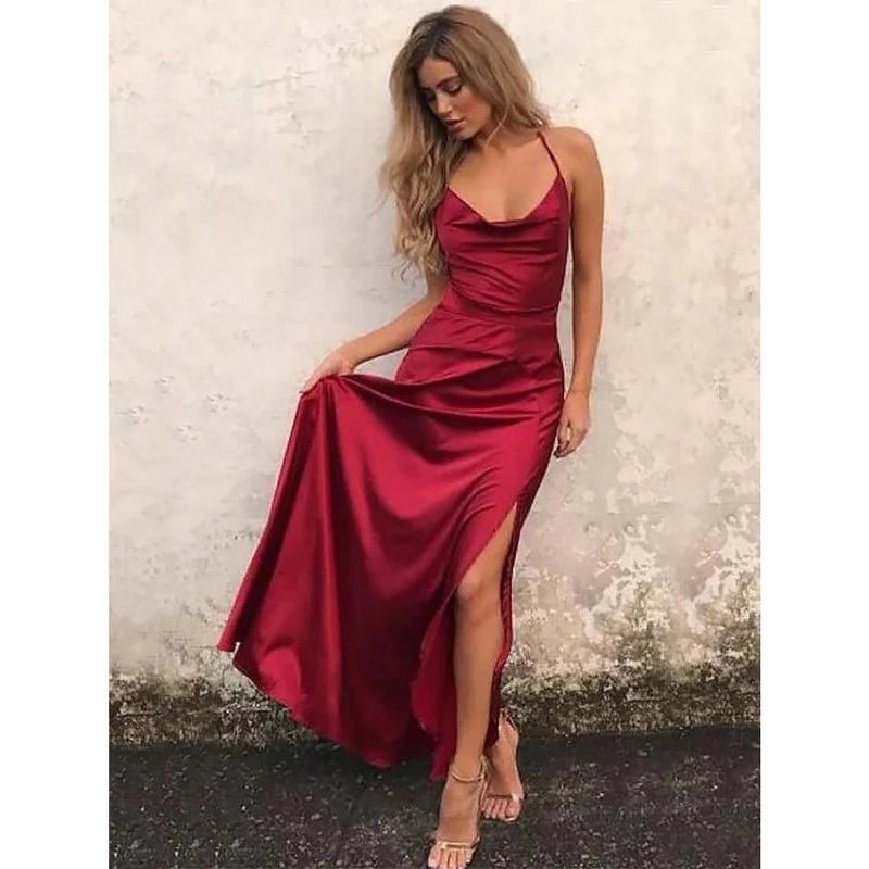 A-Line Beautiful Back Sexy High Split Engagement Prom Formal Evening Dress Spaghetti Strap Sleeveless Floor Length Satin with Ruffles Slit