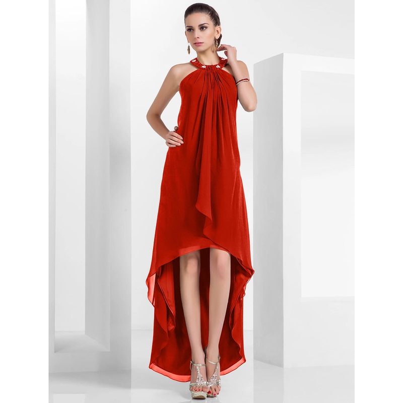 A-Line Cocktail Dress Christmas Red Green Dress Wedding Guest Cocktail Party Asymmetrical Sleeveless Halter Neck Chiffon Backless with Pleats Beading