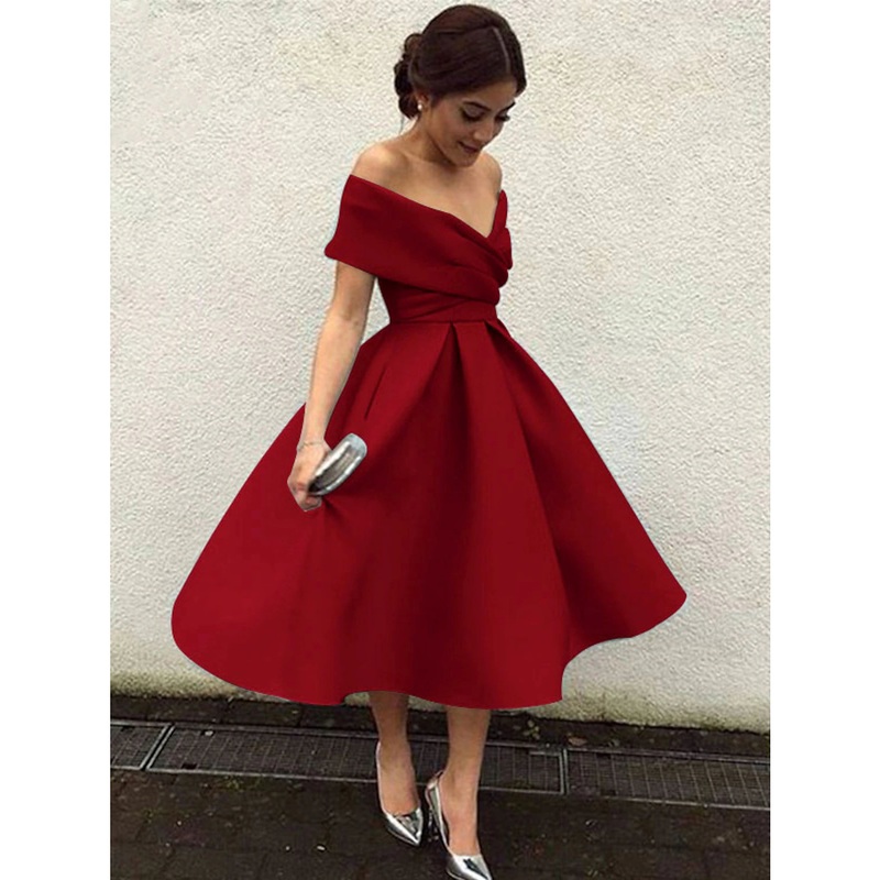 A-Line Cocktail Dresses 1950s Dress Wedding Guest Christmas Red Green Dress Tea Length Short Sleeve V Neck  Fabric V Back with Pleats