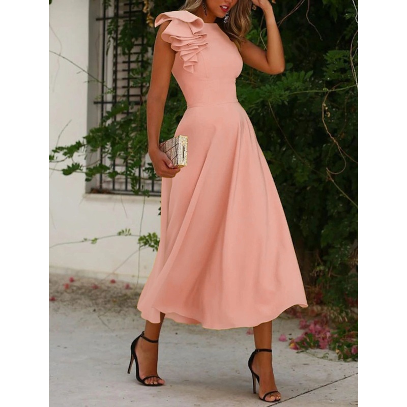 A-Line Cocktail Dresses Minimalist Dress Homecoming Wedding Guest Ankle Length Sleeveless Jewel Neck Fall Wedding Guest  Fabric with Ruffles Pure Color