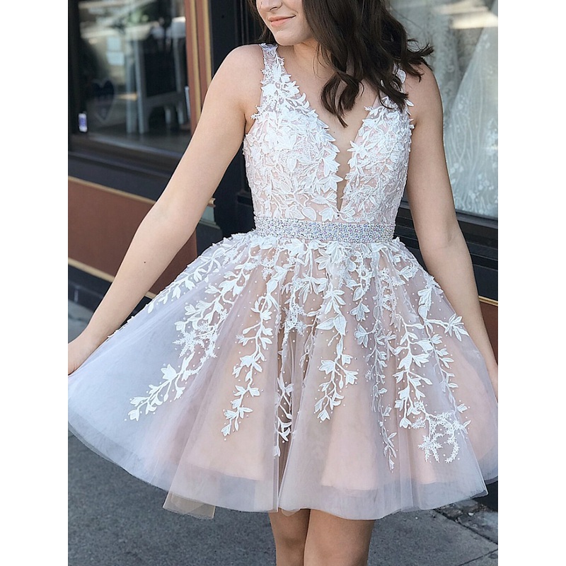A-Line Cocktail Dresses Party Dress Homecoming Graduation Short / Mini Sleeveless V Neck Tulle V Back with Sash / Ribbon Appliques