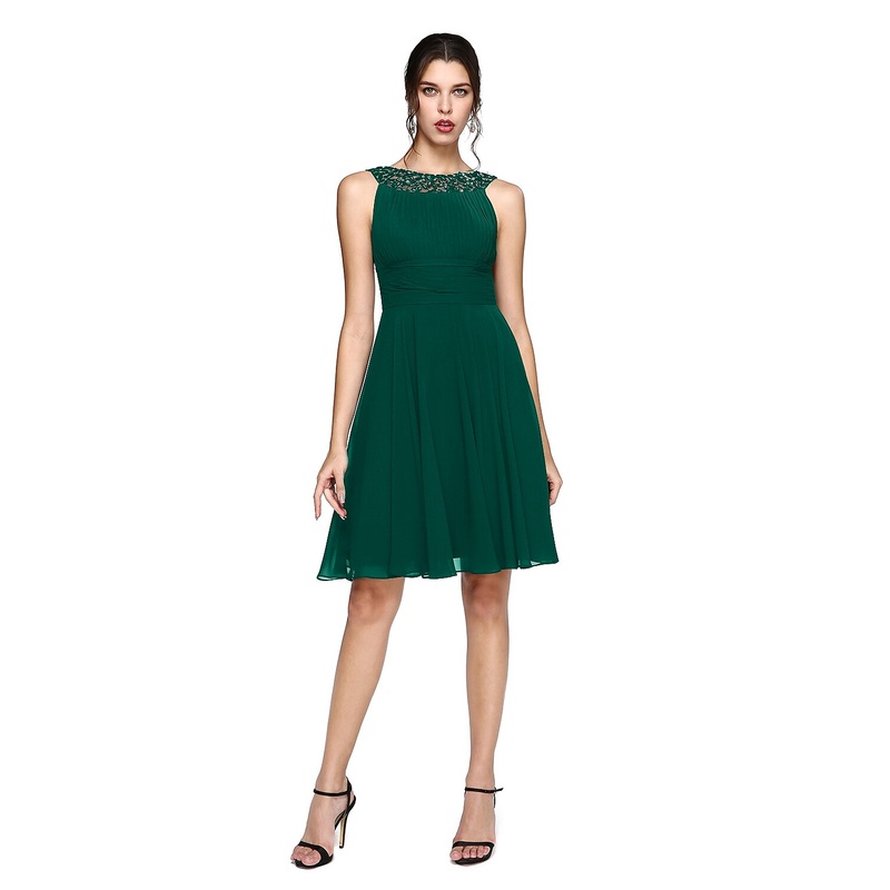 A-Line Cocktail Dresses Party Dress Wedding Guest Cocktail Party Knee Length Sleeveless Illusion Neck Chiffon with Ruched Sequin Lace Insert